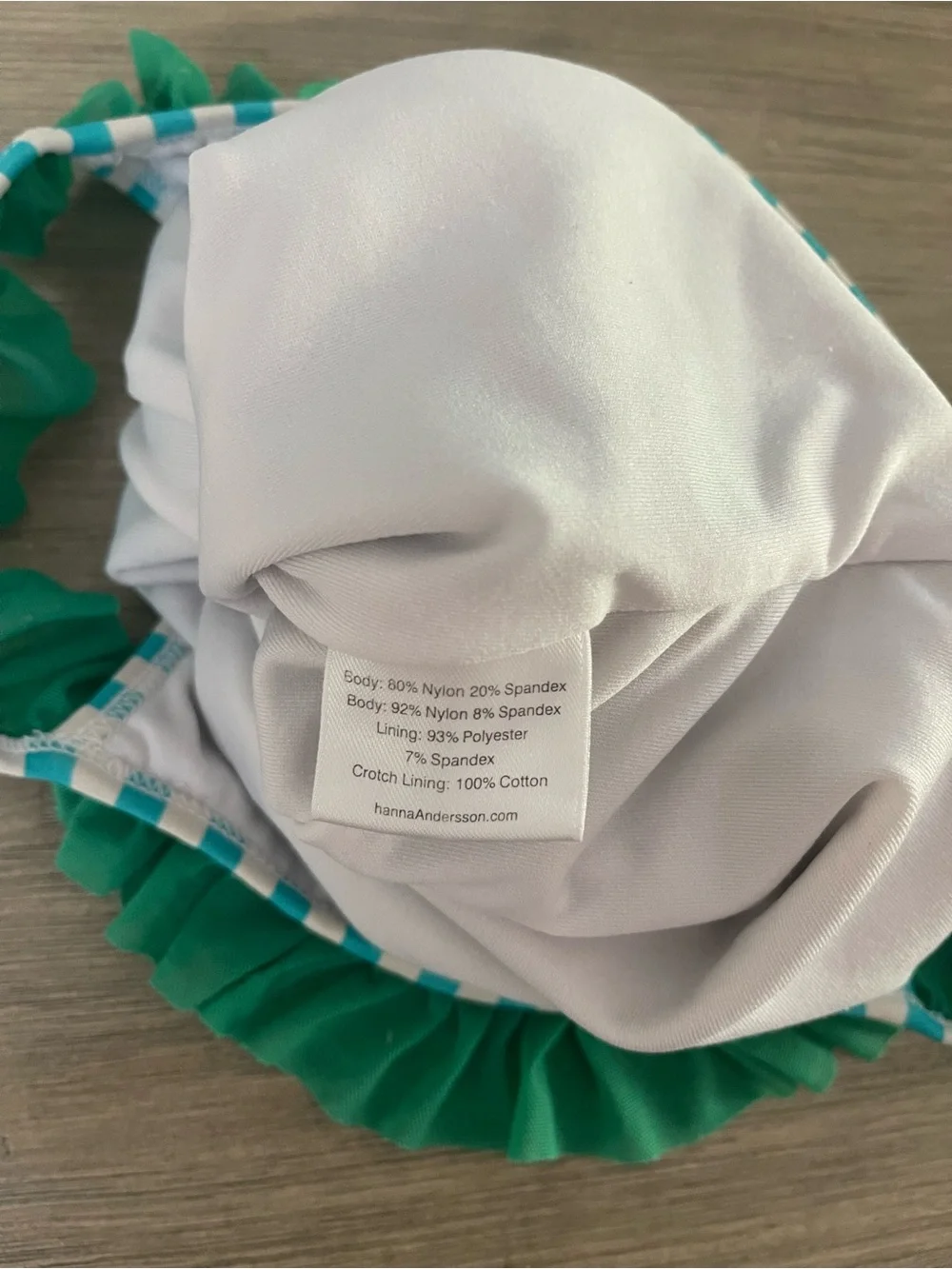 Vtg Hanna Andersson Teal White Striped Ruffle One-Piece Swimsuit Scoop Sz 90 3T